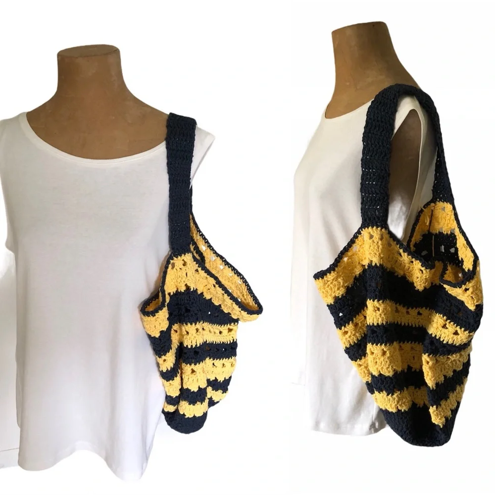 Handmade Crochet Tote Indigo Yellow Stripes